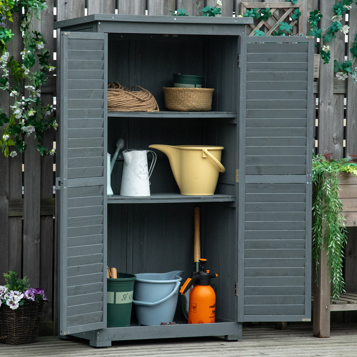 Outsunny Gartenschrank Holz Gerätehaus Geräteschuppen Geräteschrank Holzhütte Pultdach Bitumenpappe Lamellentüren Grau 87 x 46,5 x 160 cm