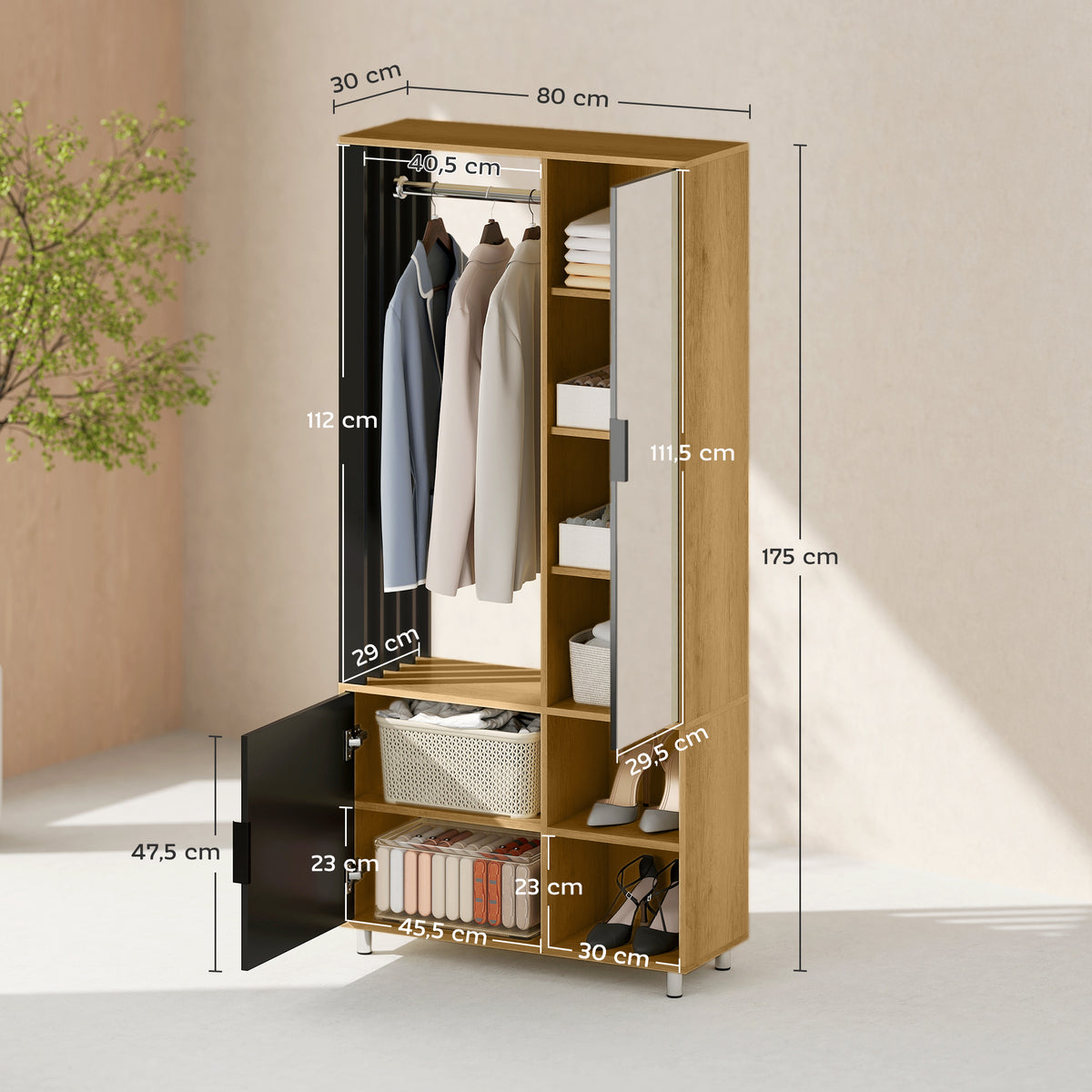 HOMCOM Kleiderschrank mit Spiegel und Hängestange, Aufbewahrungsfächer, offene Ablageflächen, Naturholz, Schwarz
