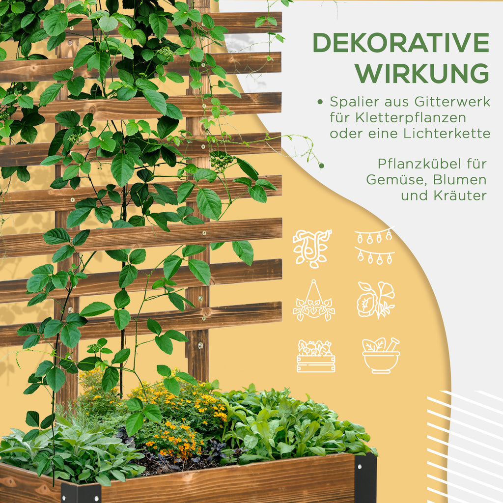 Outsunny Hochbeet mit Rankhilfe, 4 Rollen, behandeltes Massivholz, 65 cm x 31 cm x 147 cm, Schwarz + Braun