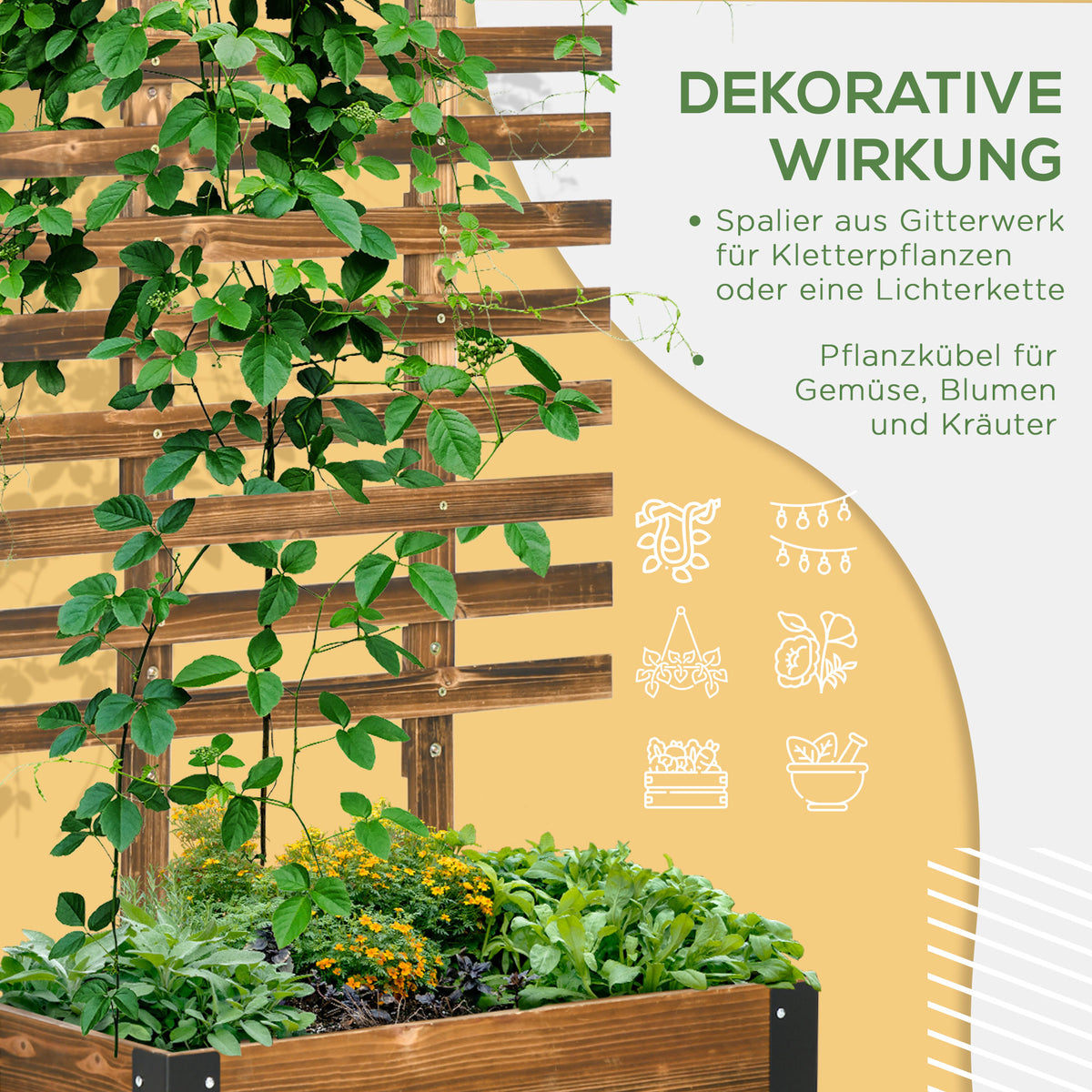Outsunny Hochbeet mit Rankhilfe, 4 Rollen, behandeltes Massivholz, 65 cm x 31 cm x 147 cm, Schwarz + Braun