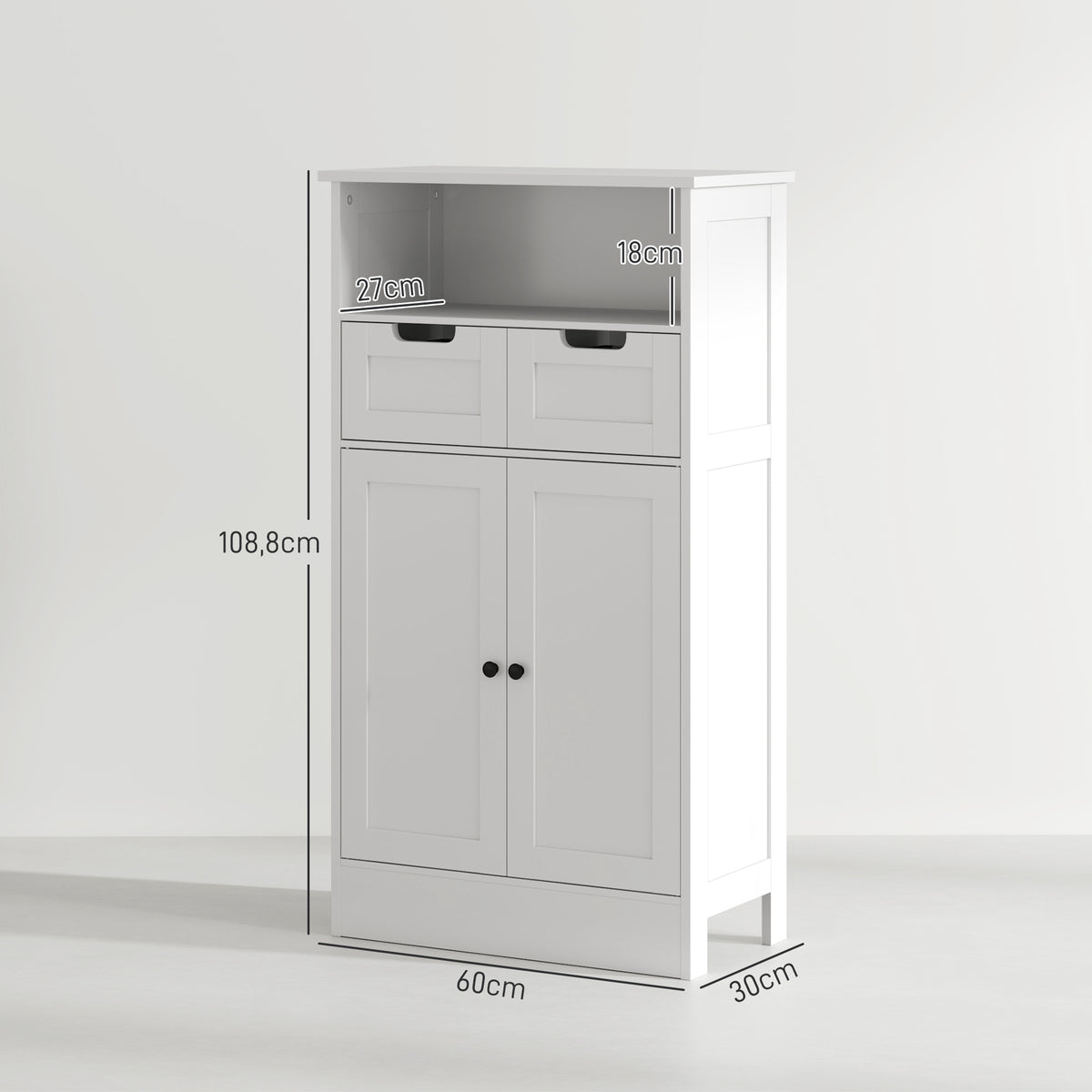 kleankin Badezimmerschrank mit 2 Schubladen, Tür, 60 x 30 x 109 cm, Weiß