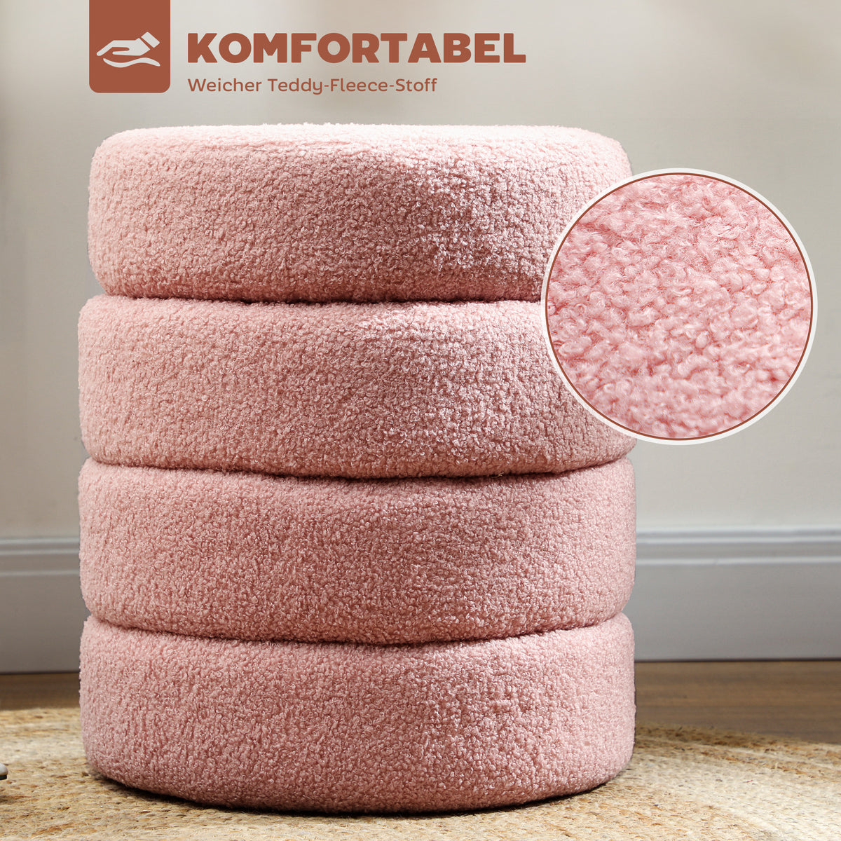 HOMCOM Hocker, rund, Teddyfleece, Metallgestell, bis 120kg, Φ40x45H cm, Rosa
