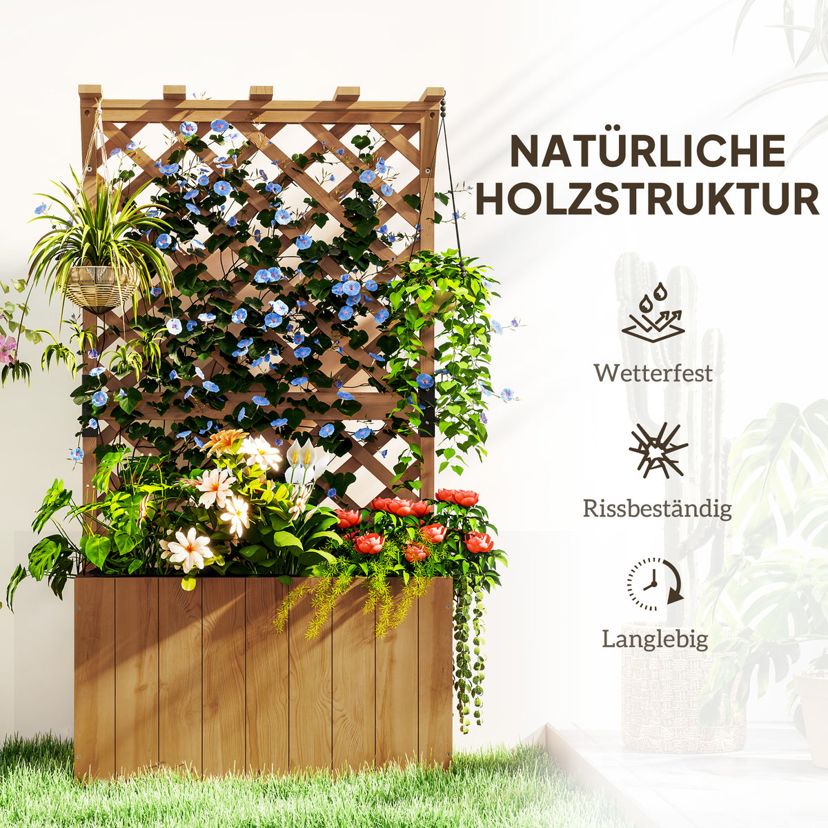 Outsunny Hochbeet Pflanzkasten mit Rankgitter, Spalier Pflanzkübel Blumenkasten Holz, Gartenspalier 64 x 33 x 122cm Naturholz