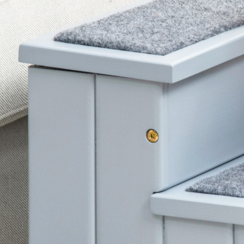 PawHut Hundetreppe 3 Stufen Katzentreppe Haustiertreppe Hundetreppe für Hunde und Katzen Tiertreppe Einstiegshilfe mit Teppich Stauraum für Sofa Bett Tannenholz Grau 40,5 x 44,5 x 38 cm