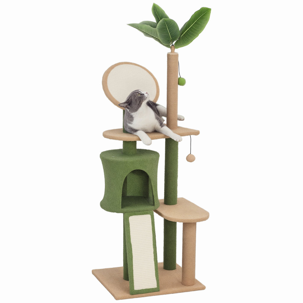 PawHut Kratzbaum, 139 cm Katzenbaum mit Höhle, Spielbällen, Sisal-Kratzpfosten und Plattformen, für zwei Katzen, Grün