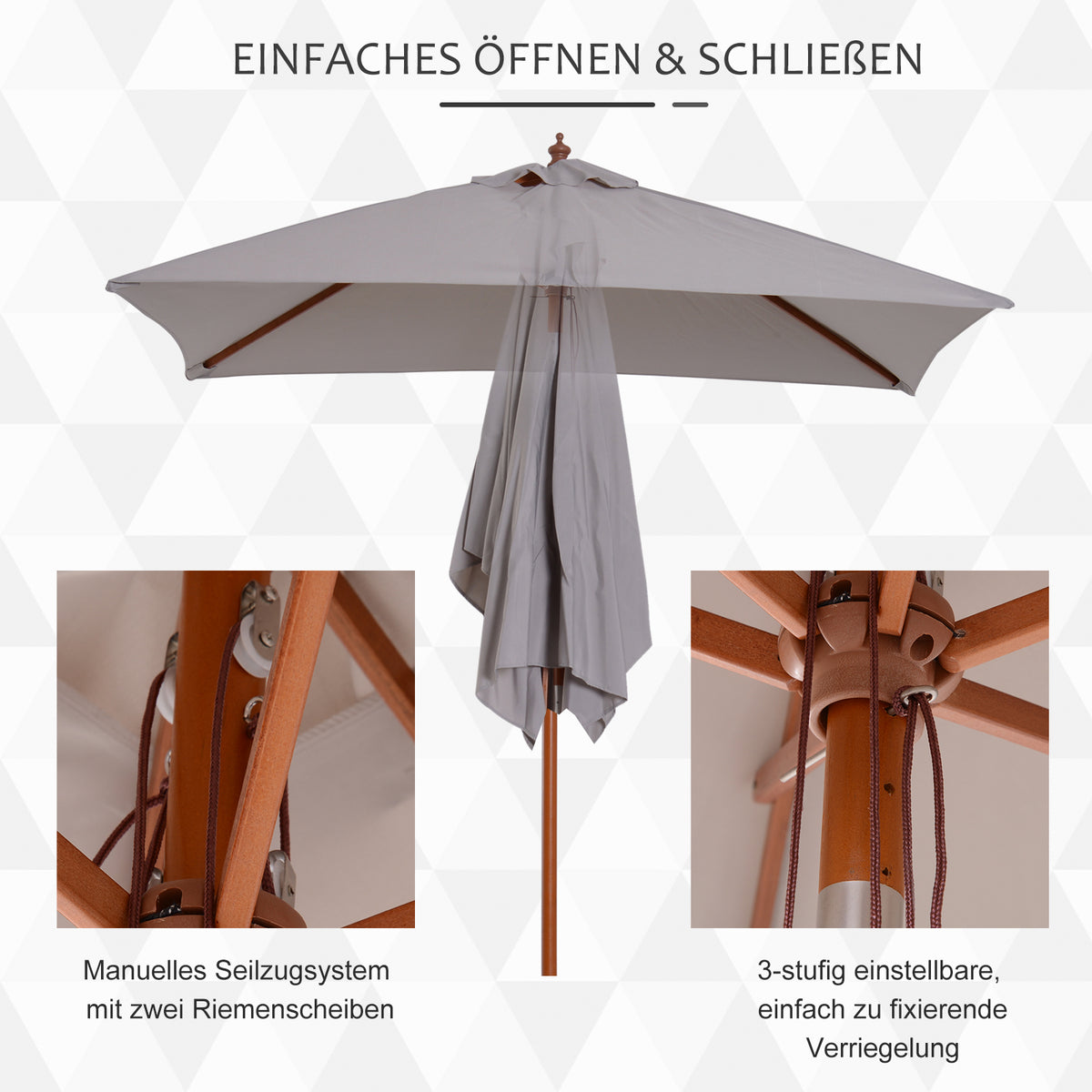 Outsunny Sonnenschirm 200 x 150 x 235 cm Knickbarer Gartenschirm 3-stufig einstellbar rechteckig Strandschirm wasserabweisend und UV-beständig für Strand Balkon Terrasse Garten Grau