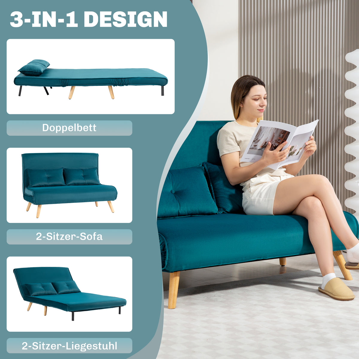 HOMCOM 2-Sitzer-Schlafsofa, Bettsofa, in Bett umwandelbare Couch, verstellbare Rückenlehne, Stoffbezug, Metallrahmen, Grün