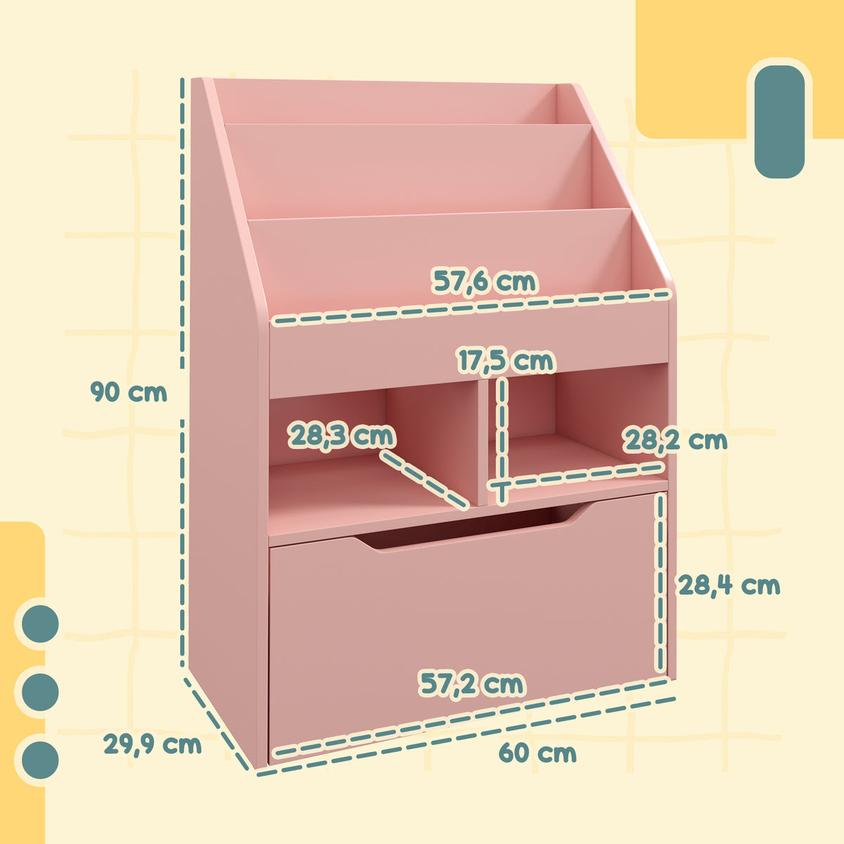 HOMCOM Bücherregal mit Mehrfach-Aufbewahrung 3 Regale 2 Fächer Große Schublade aus Holz Rosa