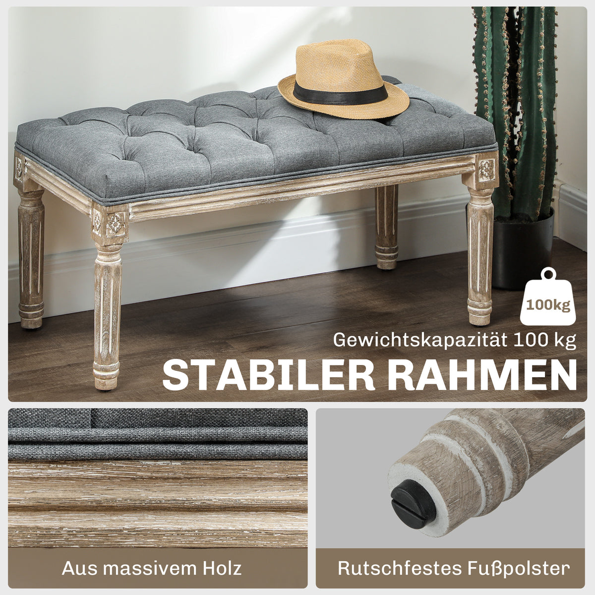 HOMCOM Polsterbank, Sitzbank, Bettbank mit Leinenoptik, Schminkbank für Flur, Diele, Schlafzimmer, Gummiholz, Grau, 81 x 41 x 41 cm