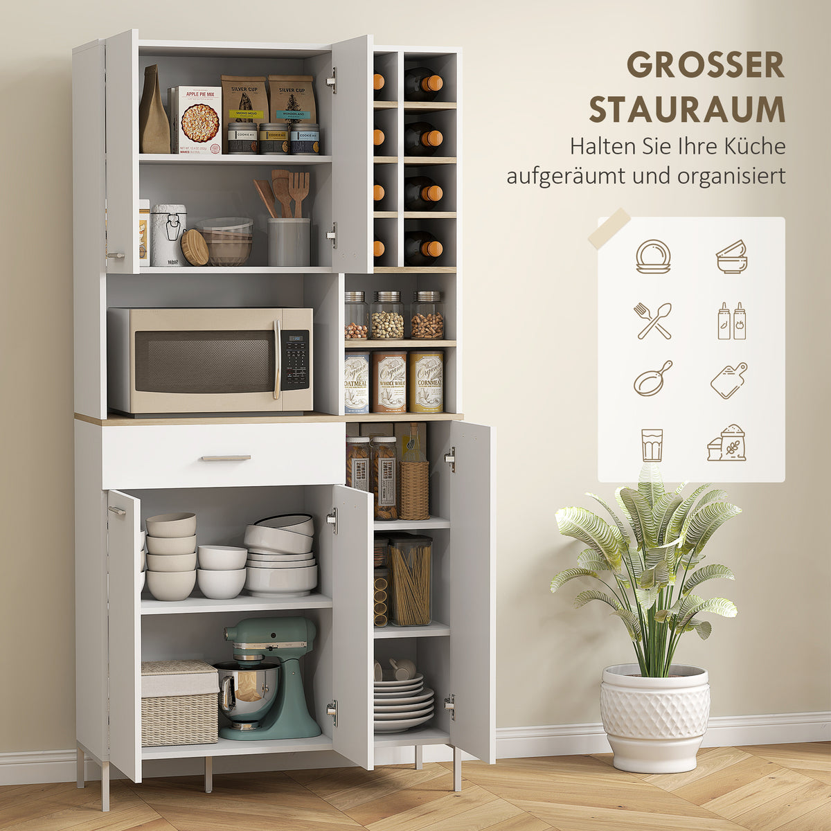 HOMCOM Küchenschrank mit offenen Regalen, Fächern, Weinregal, Vorratsschrank mit 5 Schranktüren, MDF, Weiß