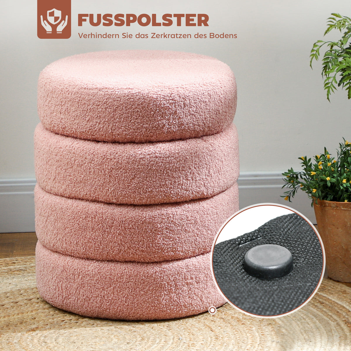 HOMCOM Hocker, rund, Teddyfleece, Metallgestell, bis 120kg, Φ40x45H cm, Rosa