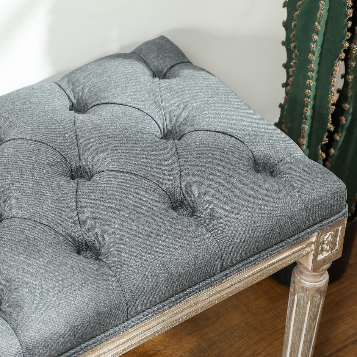 HOMCOM Polsterbank, Sitzbank, Bettbank mit Leinenoptik, Schminkbank für Flur, Diele, Schlafzimmer, Gummiholz, Grau, 81 x 41 x 41 cm