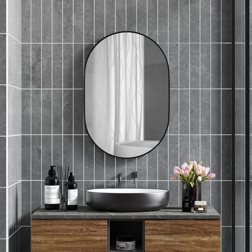 HOMCOM Badezimmerspiegel, ovale Form, horizontal/vertikal, 60L x 90B x 3H cm, Schwarz