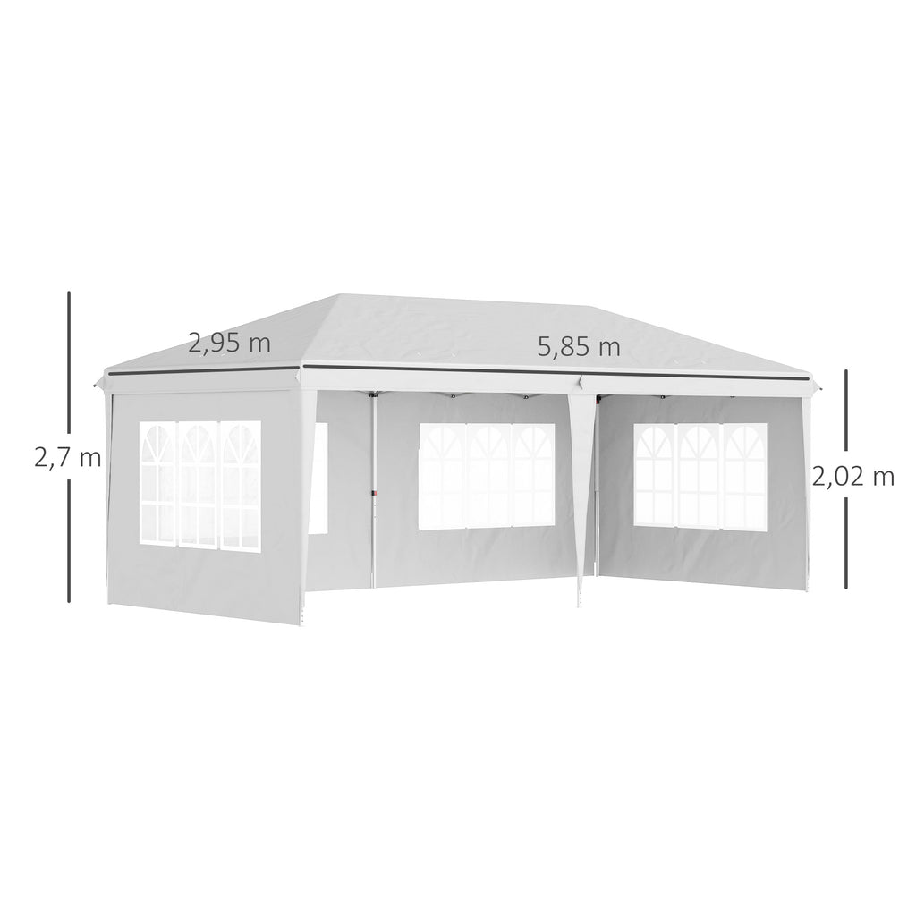 Outsunny Faltpavillon, Partyzelt, 4 große Fenster, abnehmbare Seitenwände, Metallrahmen, 5,85 x 2,95 x 2,7 m, Weiß