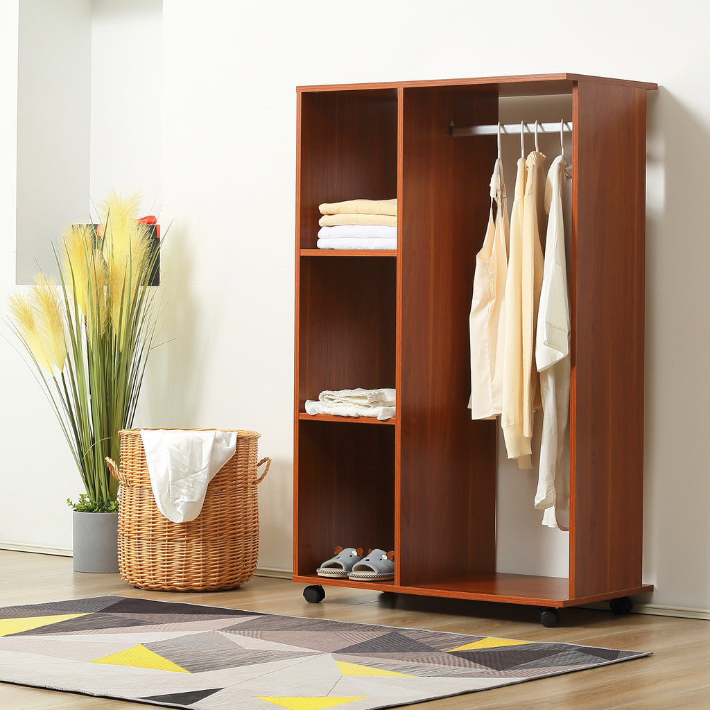 HOMCOM Kleiderschrank auf Rollen, mobile Garderobe, Garderobenschrank, Rollbarer Kleiderständer, 80 x 40 x 128 cm, Walnuss
