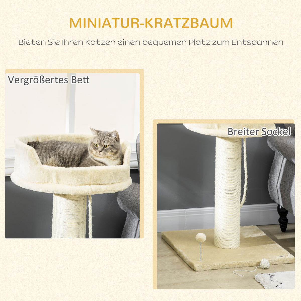 PawHut Kratzbaum Katzenbaum Katzenbett, 1 Katzenbett, inkl. Katzenspielzeug, 55 cm x 55 cm x 83 cm, Beige