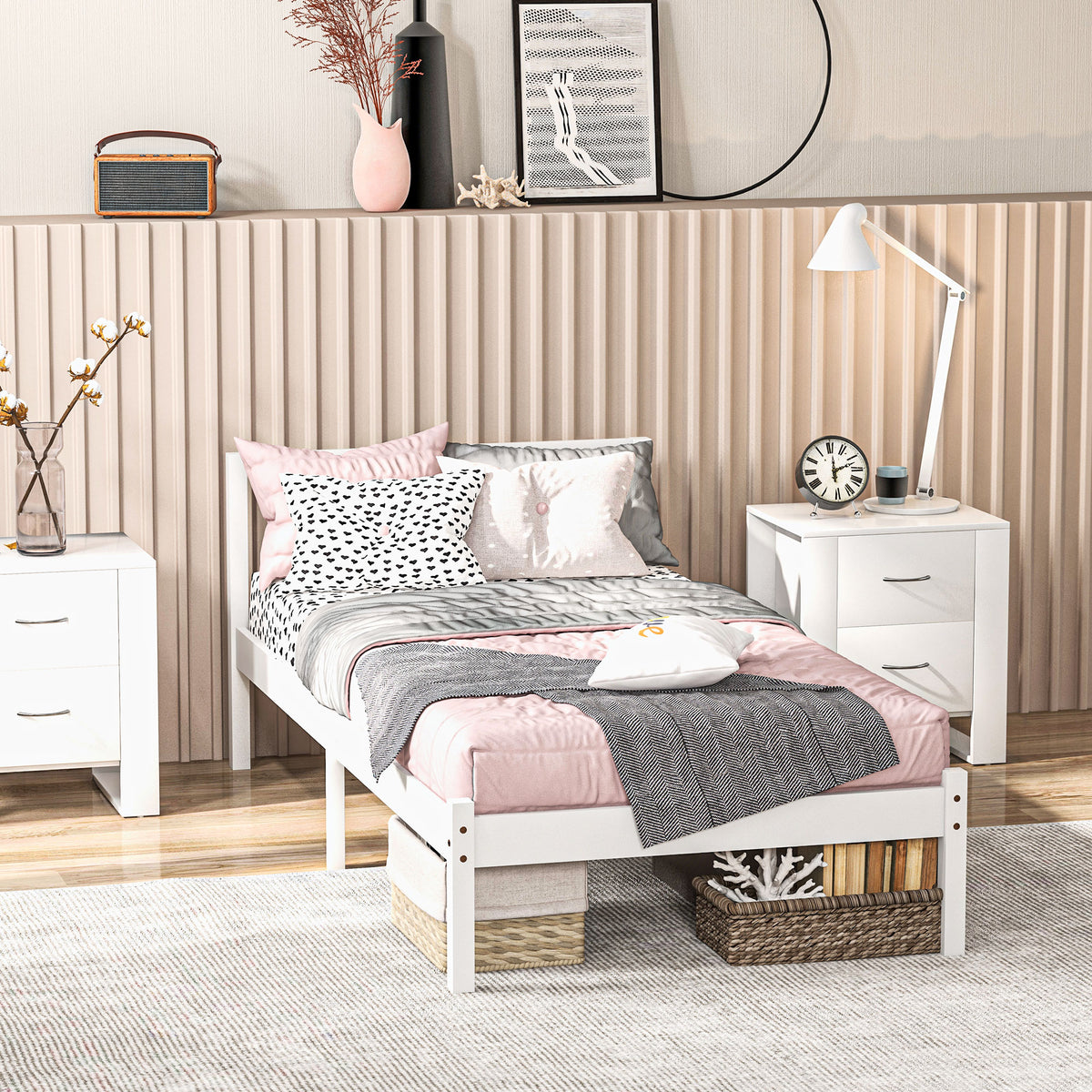 HOMCOM Einzelbettgestell, Kopfteil & Lattenrost, 26cm Freiraum unter Bett, Kiefernholz, 208x96x70 cm, Weiß