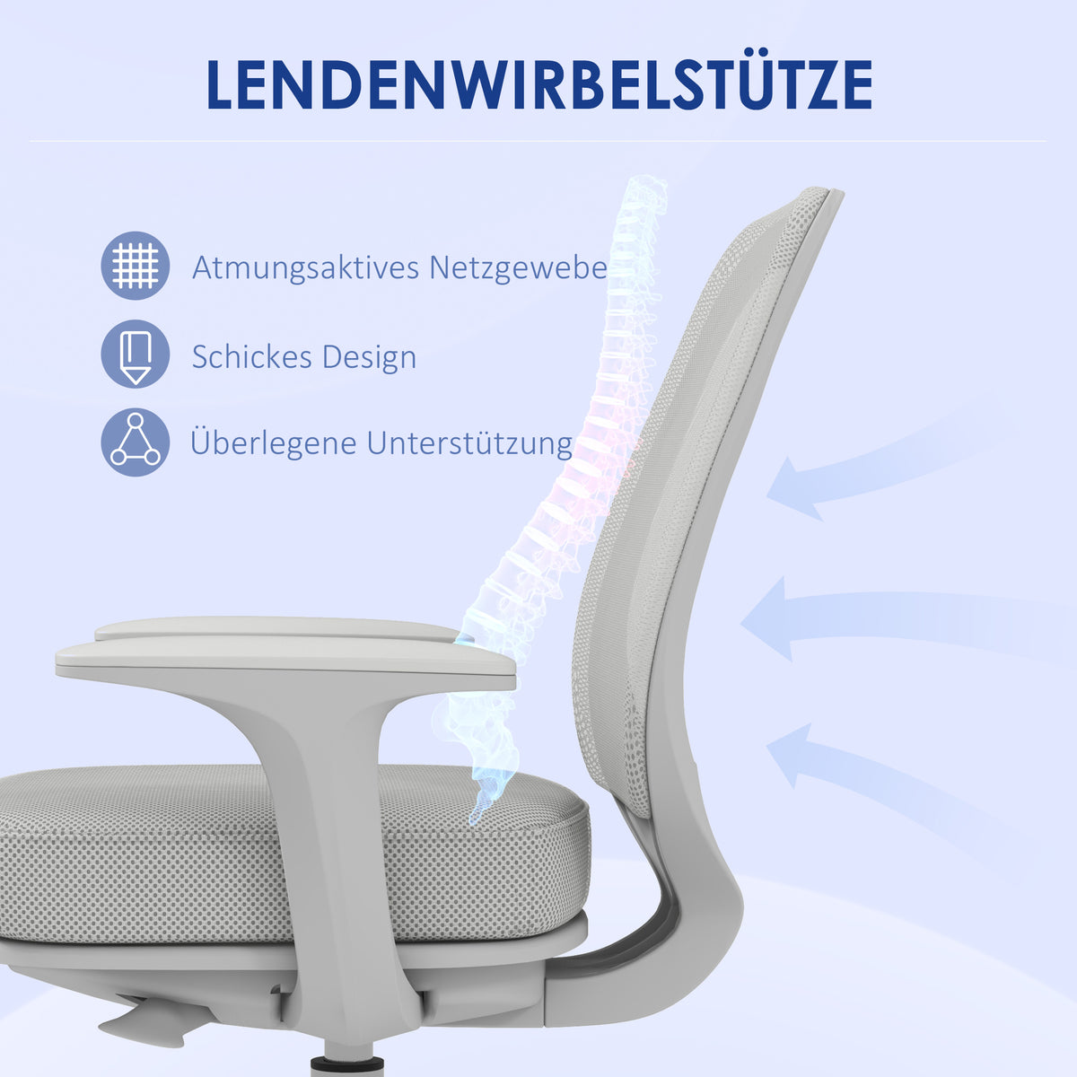 Vinsetto Bürostuhl, Ergonomisch Schreibtischstuhl mit Drehfunktion, Höhenverstellbar 55 x 48 x 82,5-94,5 cm Grau