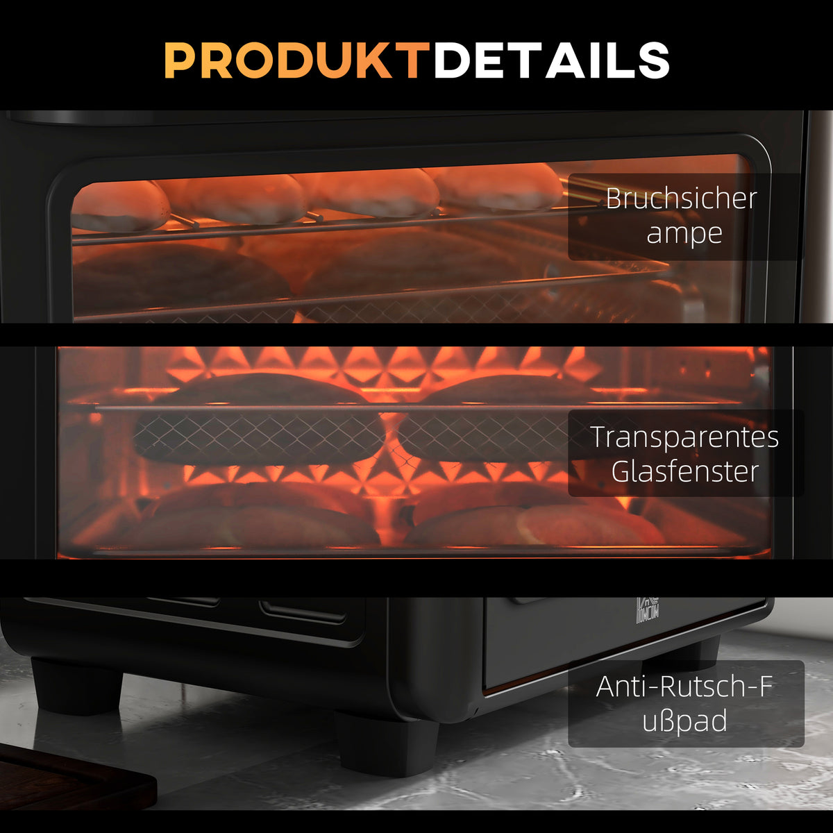 HOMCOM Minibackofen, Heißluftfritteuse, 40-220° C, 12 Programme, Zubehör, Schwarz