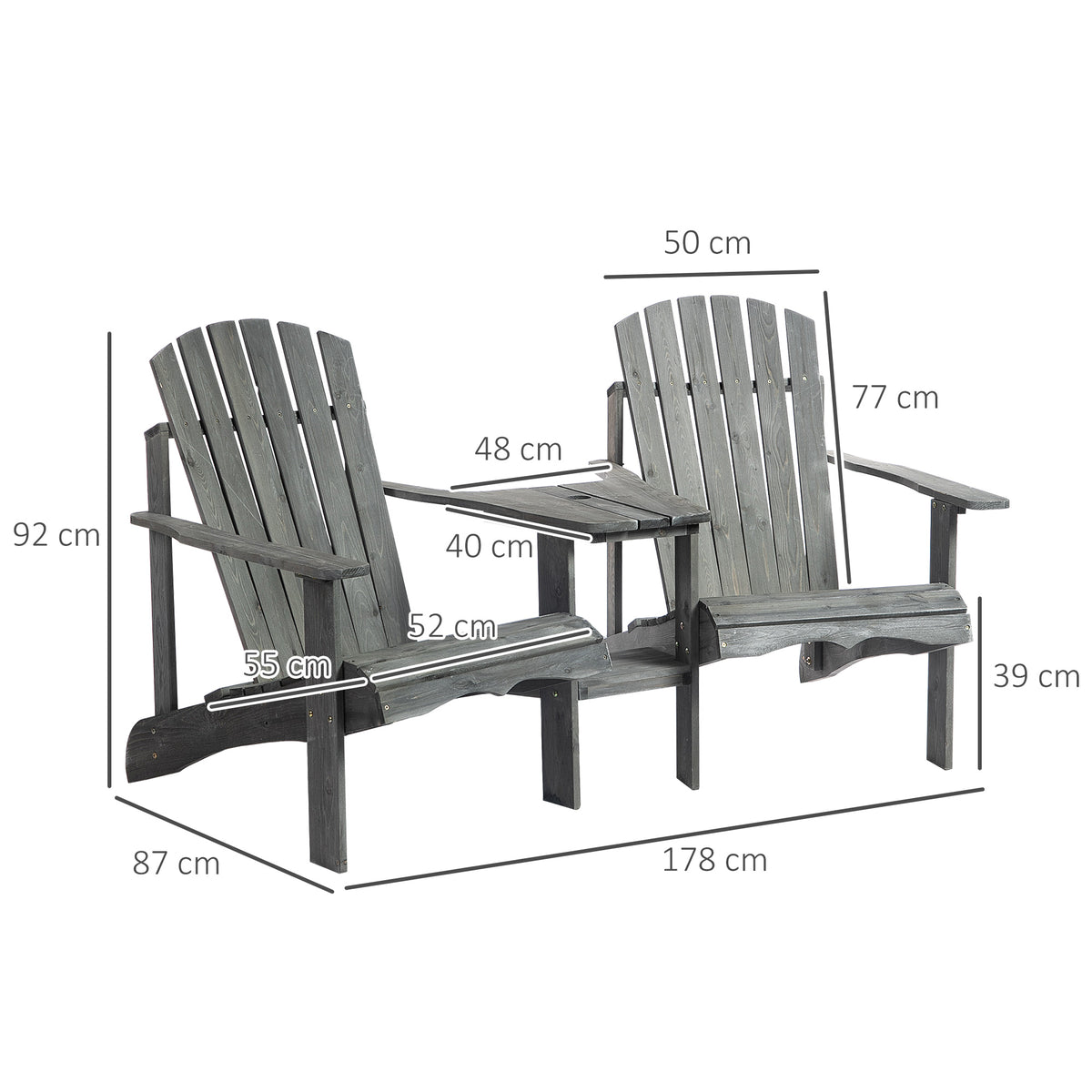 Outsunny Adirondack Gartenstuhl mit Tisch und Schirmloch 2 Sitzer Gartensessel Sitzgruppe Gartenmöbel für Balkon Massivholz Grau 178 x 87 x 92 cm