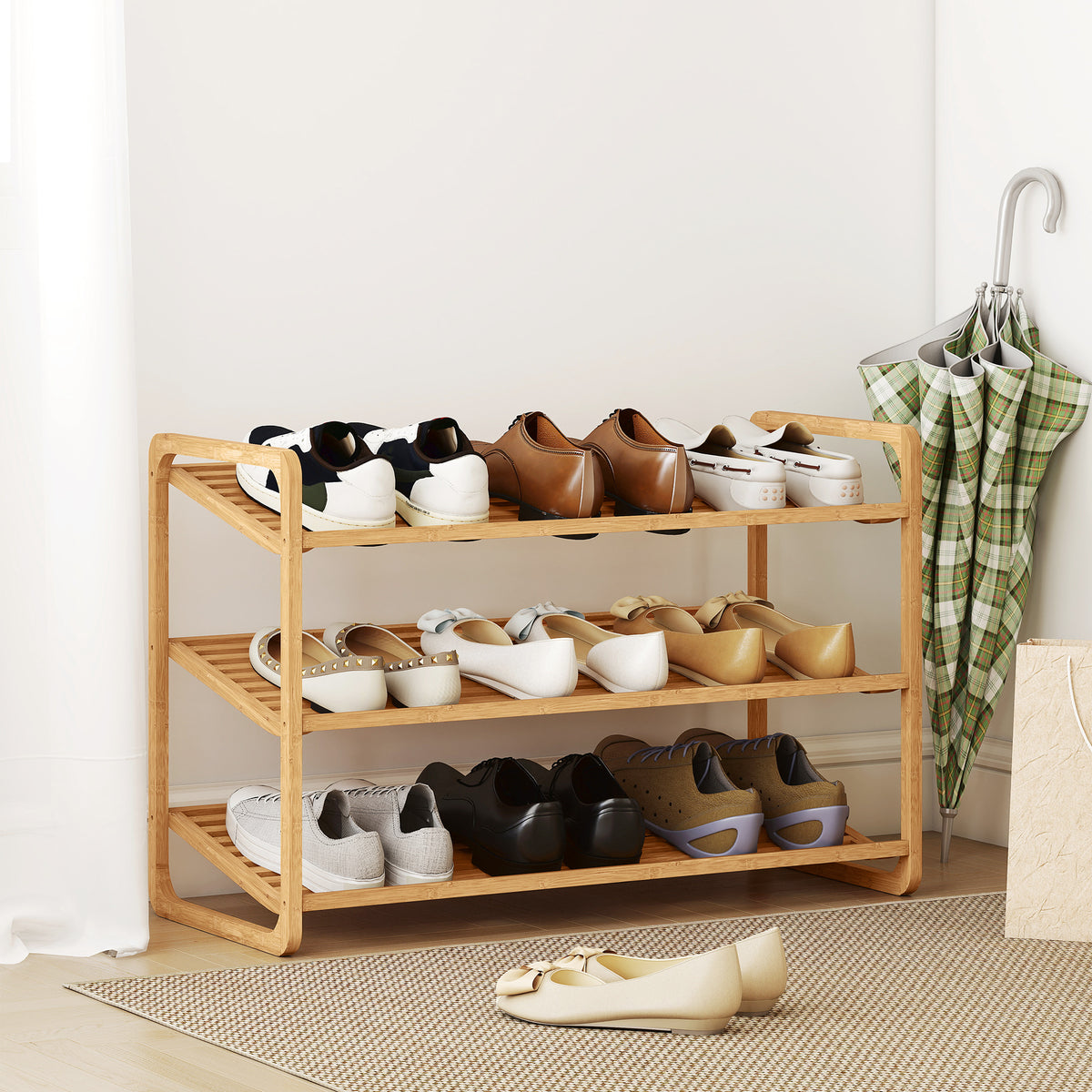 HOMCOM Bambusregal, Schuhregal, Flurregal, 3-stufiges Design, 30 kg Belastbarkeit, Holz