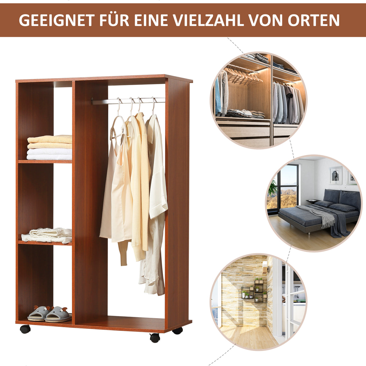 HOMCOM Kleiderschrank auf Rollen, mobile Garderobe, Garderobenschrank, Rollbarer Kleiderständer, 80 x 40 x 128 cm, Walnuss