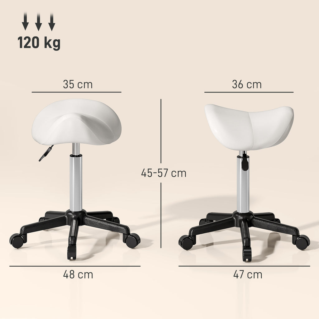 HOMCOM Massagehocker mit Rollen, Arbeitshocker mit höhenverstellbarem Sattel, 48x47x45-57cm, Weiß