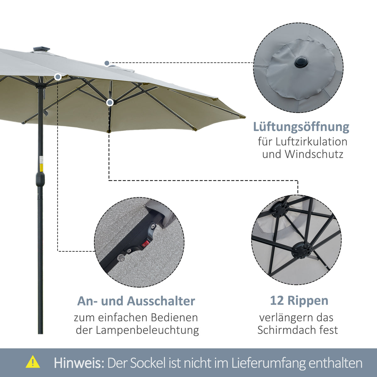 Outsunny Sonnenschirm mit LED Solar 4,5m Doppelsonnenschirm Gartenschirm Marktschirm Terrassenschirm Oval Hellgrau+Schwarz