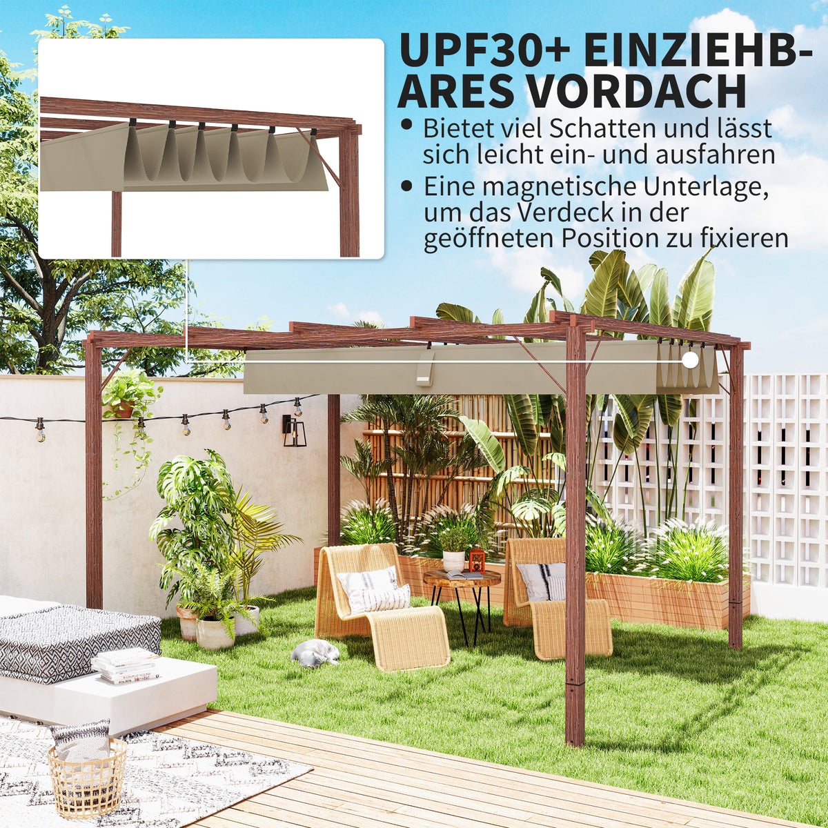 Outsunny 3 x 4 m Garten-Pergola, Verstellbares Terrassendach, Aluminium-Rahmen, UPF30+ Sonnenschutz, Naturholz