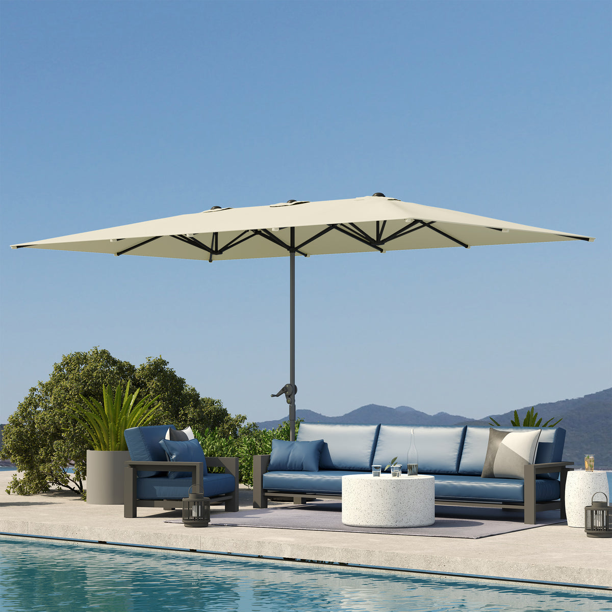 Outsunny Doppelseitiger Schirm, 451 x 264 cm Sonnenschirm mit Kurbelsystem, 12 Metallstreben, Aluminiummast, Cremeweiß
