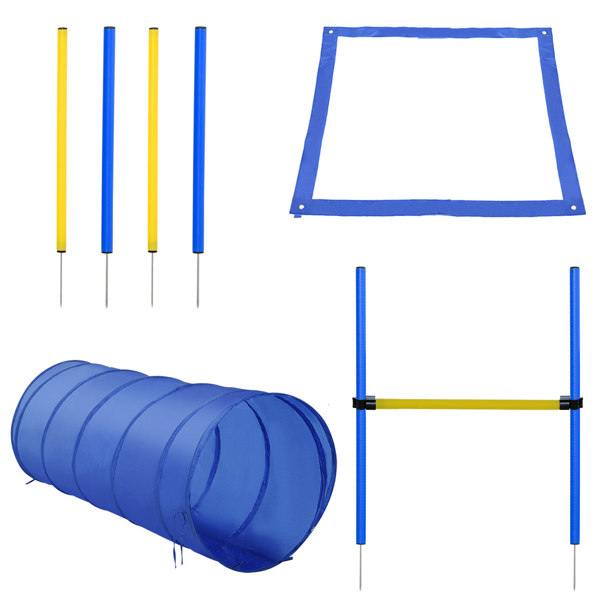 PawHut Agility Set Hunde 5-teiliges Agility-Ausrüstung für Hundetraining Steckhürdenset mit Hundetunnel 4 Slalomstangen höhenverstellbar Hürden Pause-Box Tragetasche Agilityset für Spiele Training