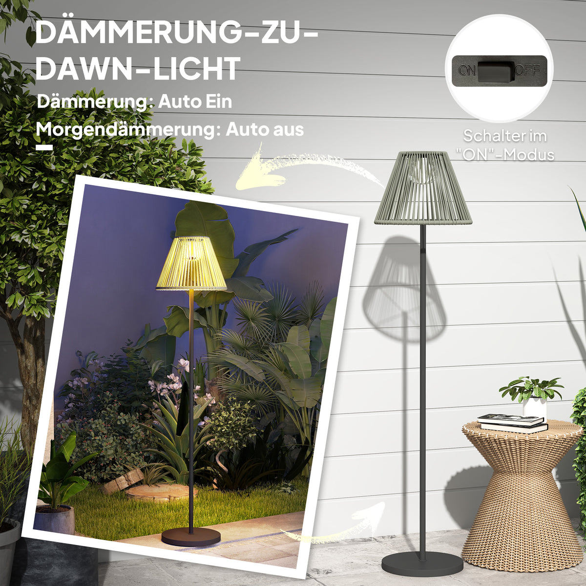 Outsunny Solar Stehlampe Rattan Solarlampen mit Lichtsensor 25 LED-Lichte Solarleuchte im Boho-Stil Ø33 x 135 cm