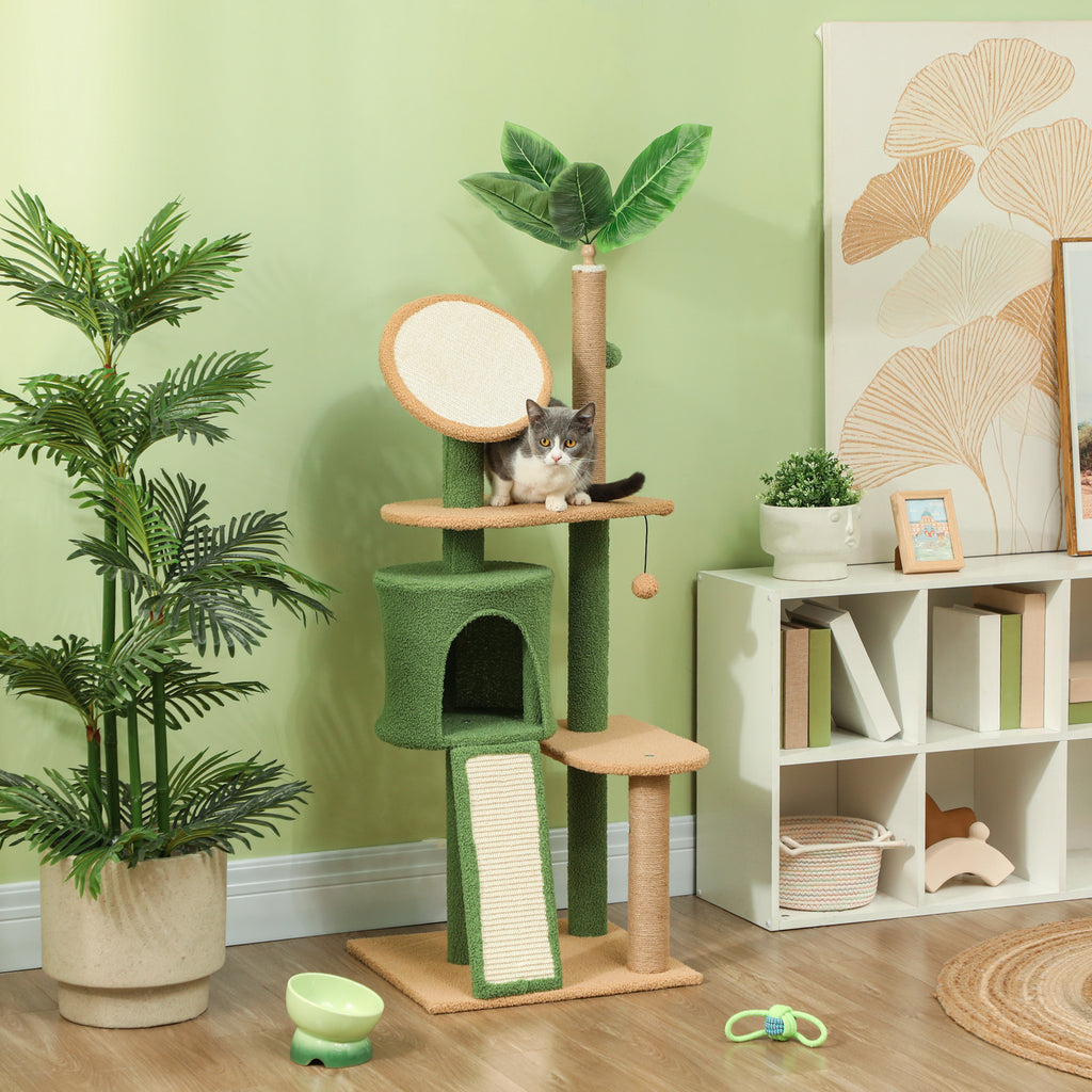PawHut Kratzbaum, 139 cm Katzenbaum mit Höhle, Spielbällen, Sisal-Kratzpfosten und Plattformen, für zwei Katzen, Grün