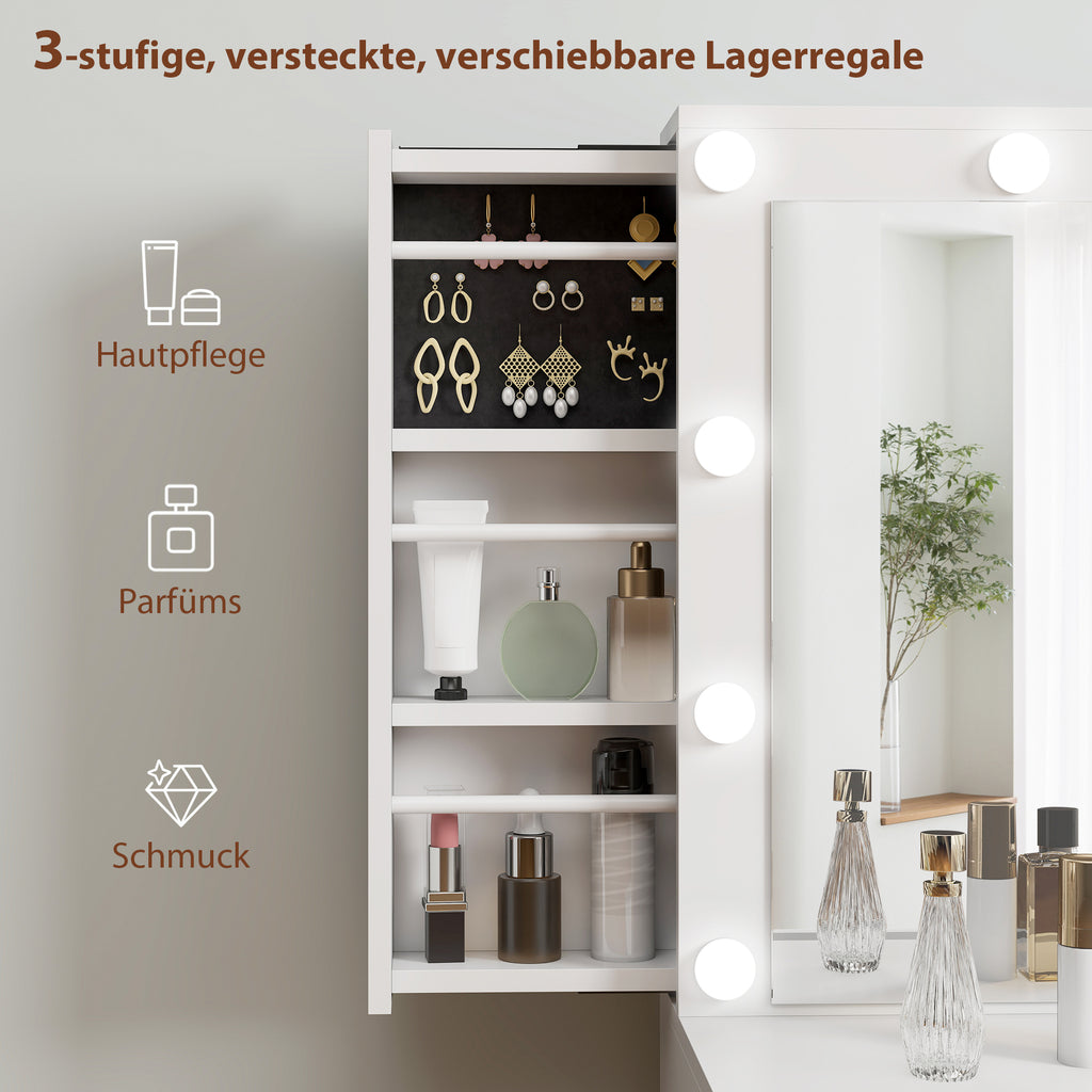 HOMCOM Schminktisch mit Spiegel und 12 LED-Lichtern, Frisiertisch mit 7 Schubladen, 6 versteckte Staufächer, Spanplatte, Weiß