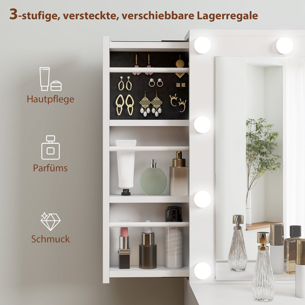 HOMCOM Schminktisch mit Spiegel und 12 LED-Lichtern, Frisiertisch mit 7 Schubladen, 6 versteckte Staufächer, Spanplatte, Weiß
