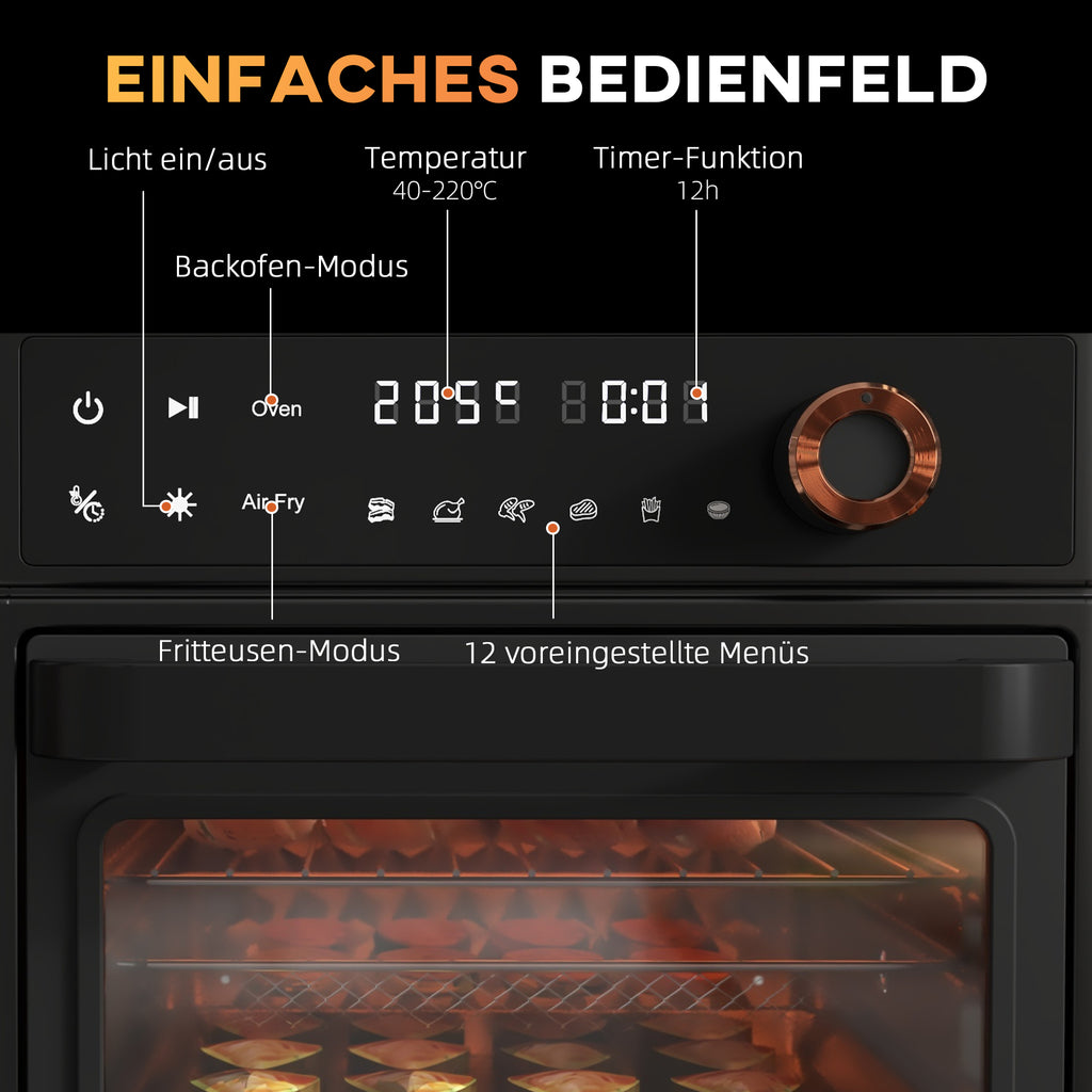 HOMCOM Minibackofen, Heißluftfritteuse, 40-220° C, 12 Programme, Zubehör, Schwarz