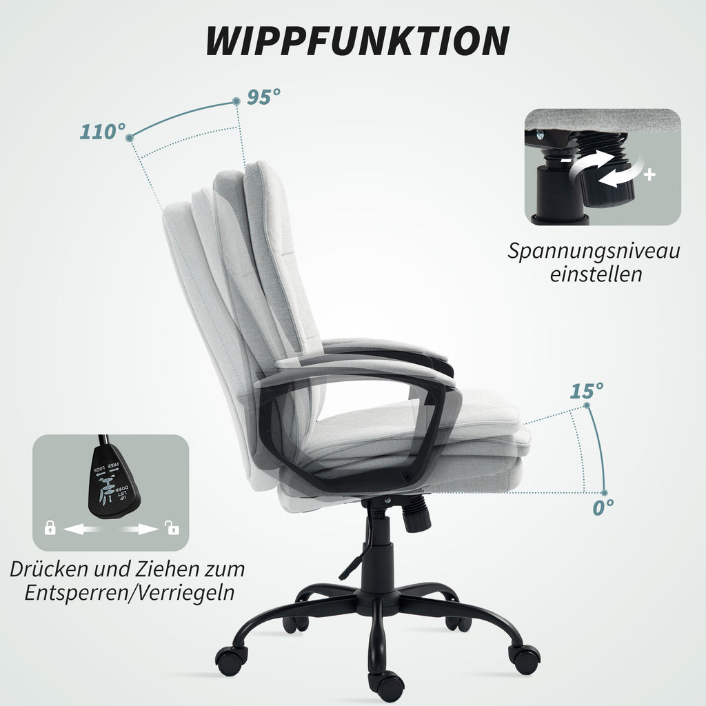 HOMCOM Bürostuhl, Schreibtischstuhl, Kippfunktion, höhenverstellbar, bis 120 kg, Grau