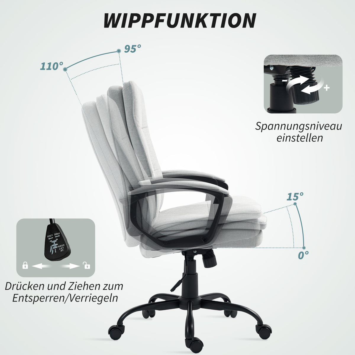 HOMCOM Bürostuhl, Schreibtischstuhl, Kippfunktion, höhenverstellbar, bis 120 kg, Grau