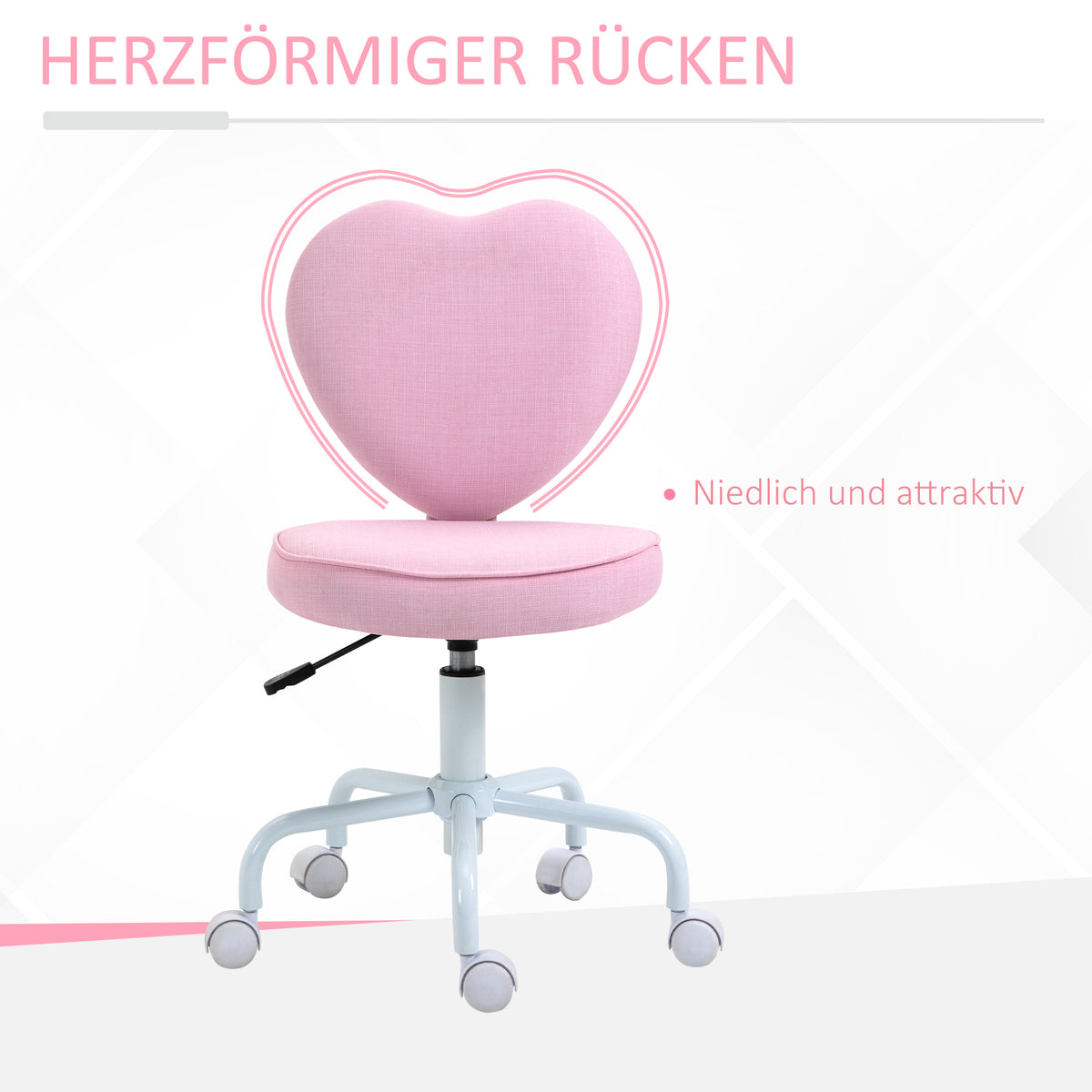 HOMCOM Drehstuhl, niedliches Herz-Design, höhenverstellbar, Stoffbezug in Leinenoptik, rosa, 40 x 50 x 79-89 cm