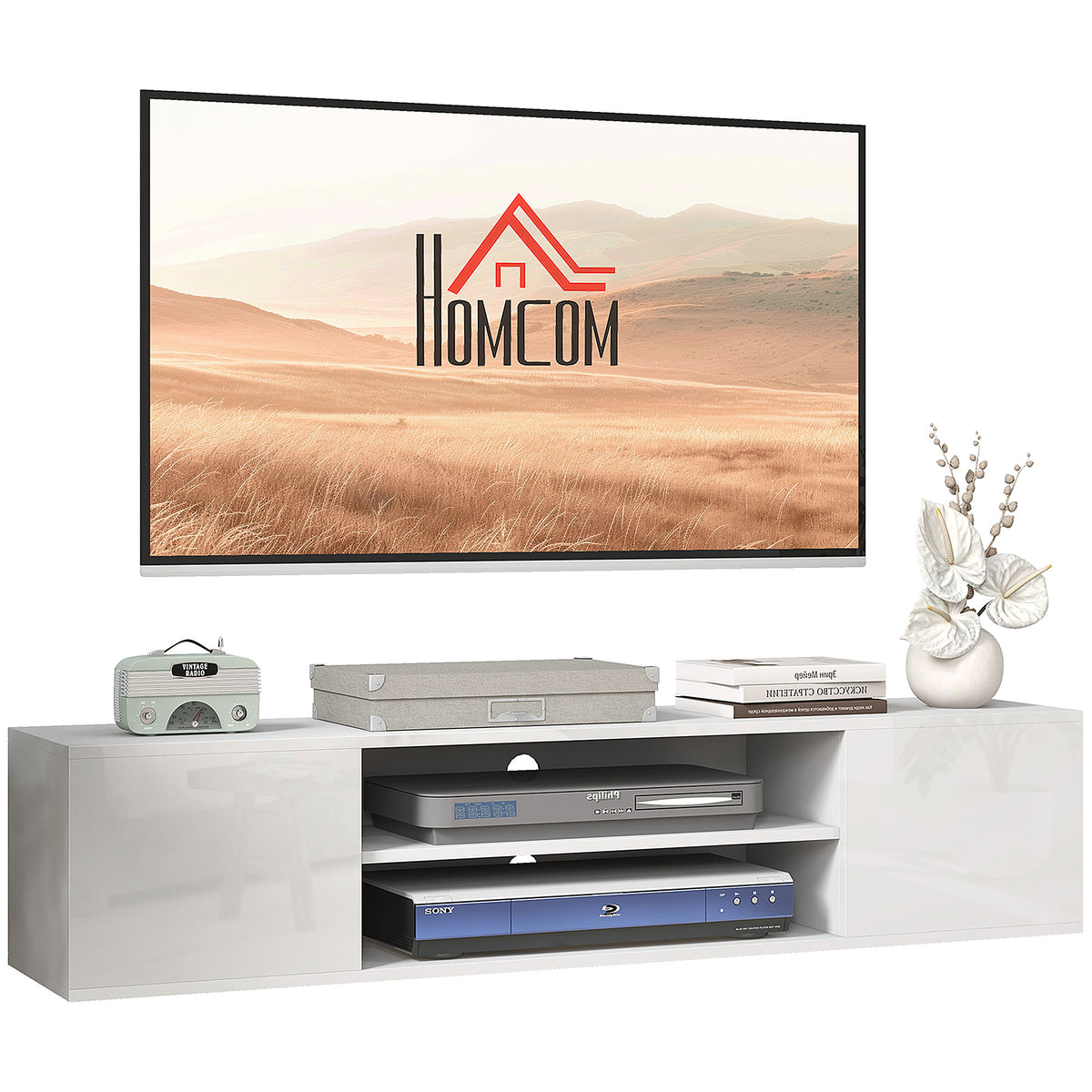 HOMCOM Wandmontiertes TV-Möbel im zeitgenössischen Stil 2 Schränke 2 zentrale Fächer und 2 Kabeldurchführungen 140 x 30 x 30 cm weiß