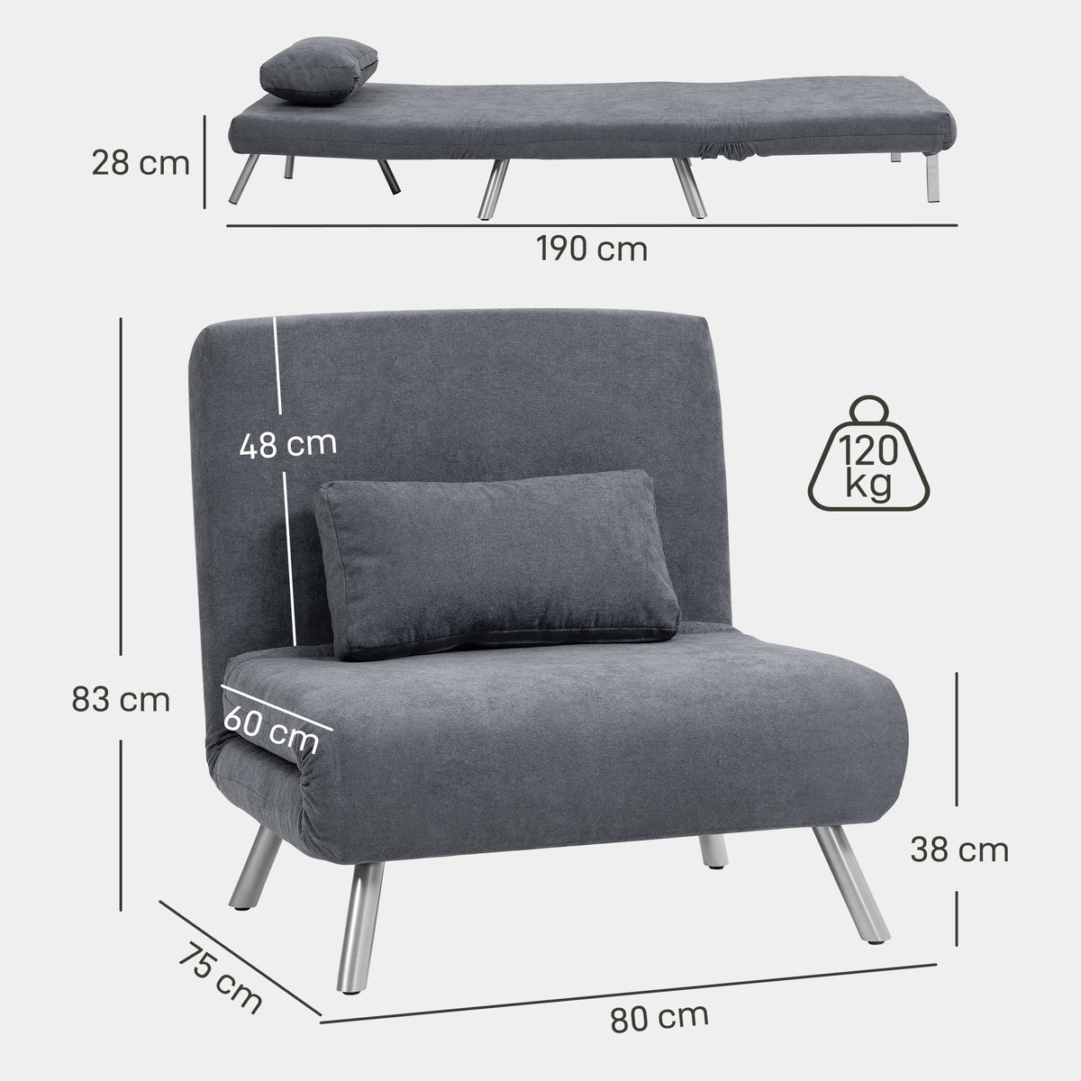 HOMCOM Polstersessel mit Bettfunktion, 2-in-1 Design, Schlafsessel, Gästebett, Stoffbezug, mit Kissen, Dunkelgrau