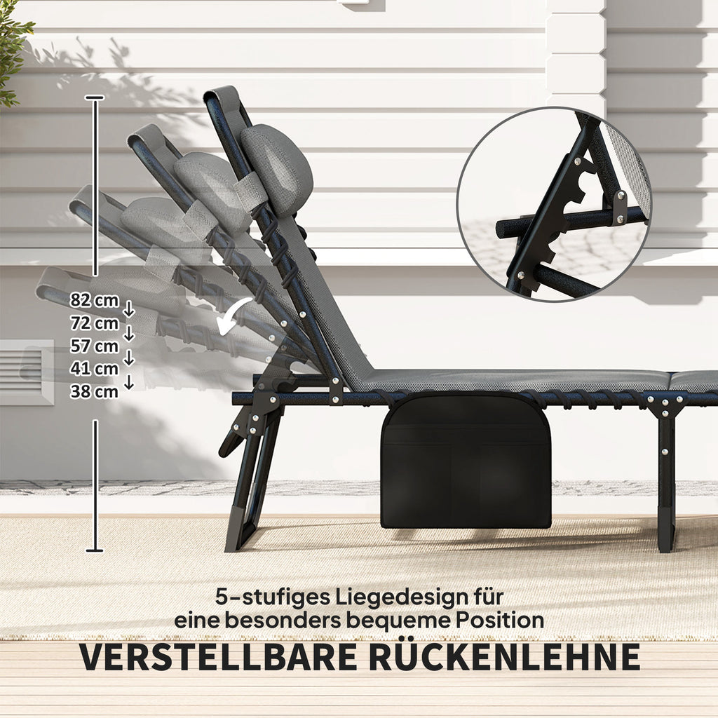 Outsunny Liegestuhl, Sonnenliege mit Polsterung und Seitentasche, Gartenliege, Pool-Liege, Polsterliege, Grau