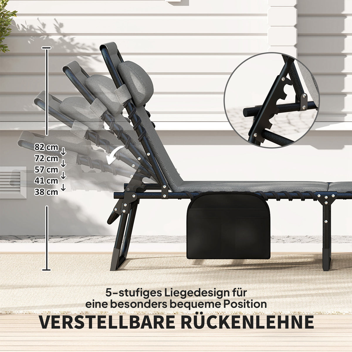 Outsunny Liegestuhl, Sonnenliege mit Polsterung und Seitentasche, Gartenliege, Pool-Liege, Polsterliege, Grau