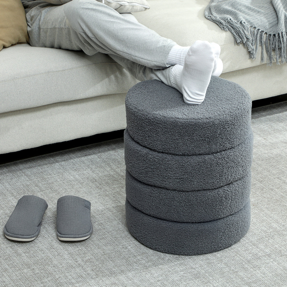 HOMCOM Hocker, rund, Teddyfleece, Metallgestell, bis 120kg, Φ40x45H cm, Dunkelgrau
