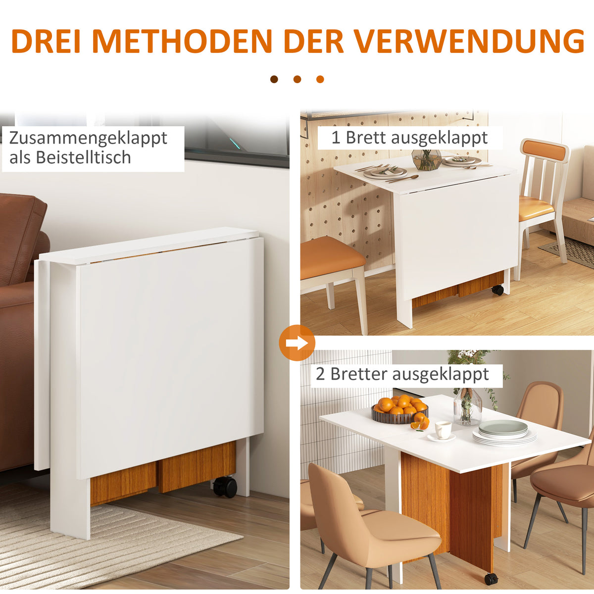 HOMCOM Ausklappbarer Esstisch Ausziehbarer Esstisch, mobil, modernes Design, 120 cm x 80 cm x 73 cm, Teak + Weiß