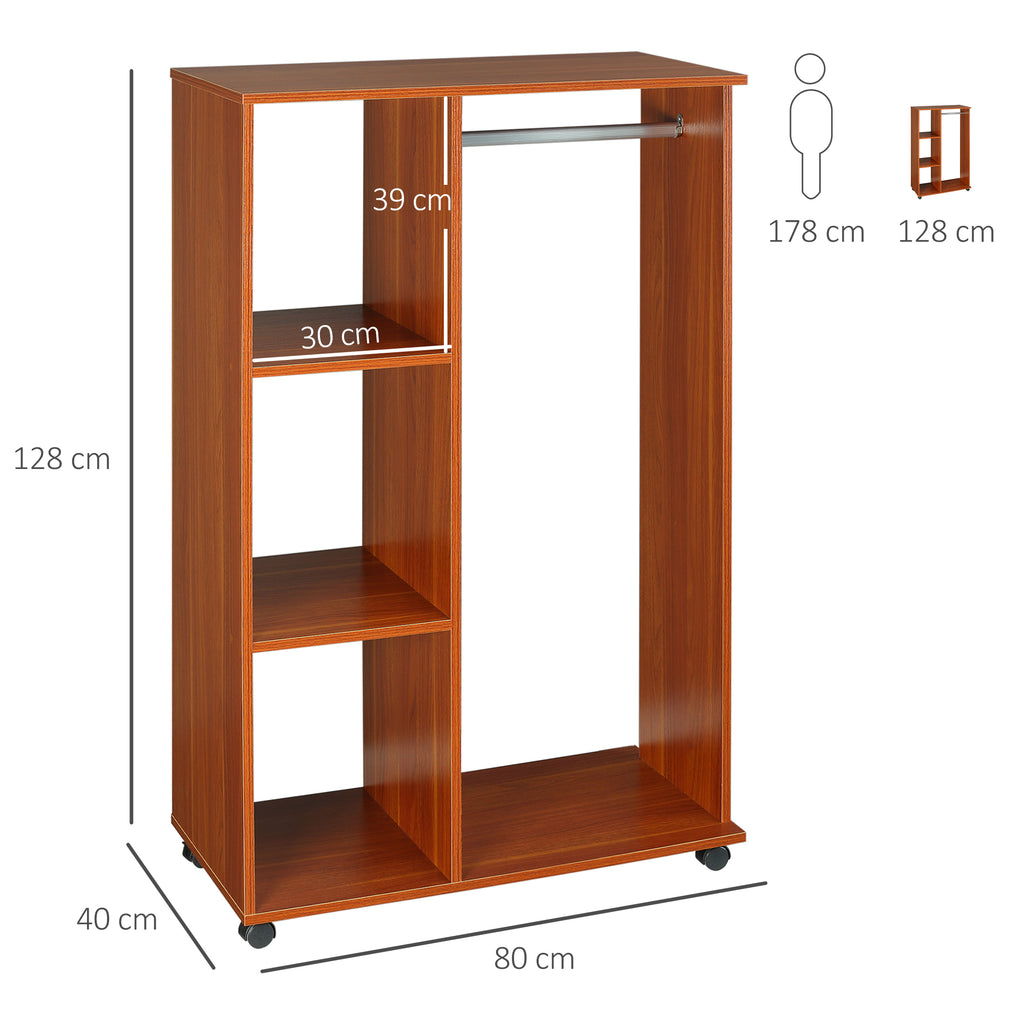 HOMCOM Kleiderschrank auf Rollen, mobile Garderobe, Garderobenschrank, Rollbarer Kleiderständer, 80 x 40 x 128 cm, Walnuss