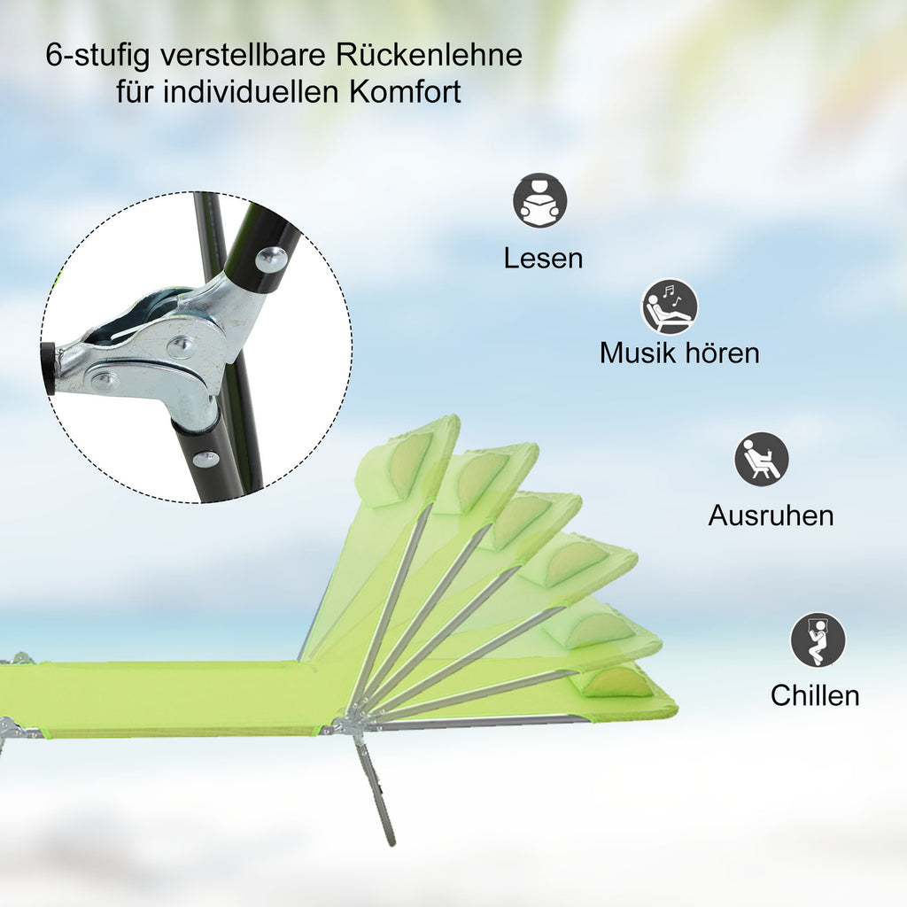 Outsunny Sonnenliege klappbar Gartenliege mit Kopfkissen Liegestuhl verstellbar mit 5-Fach Campingliege bis 120kg belastbar für Garten, Balkon und Pool geeignet, 4 Farben(Grün)