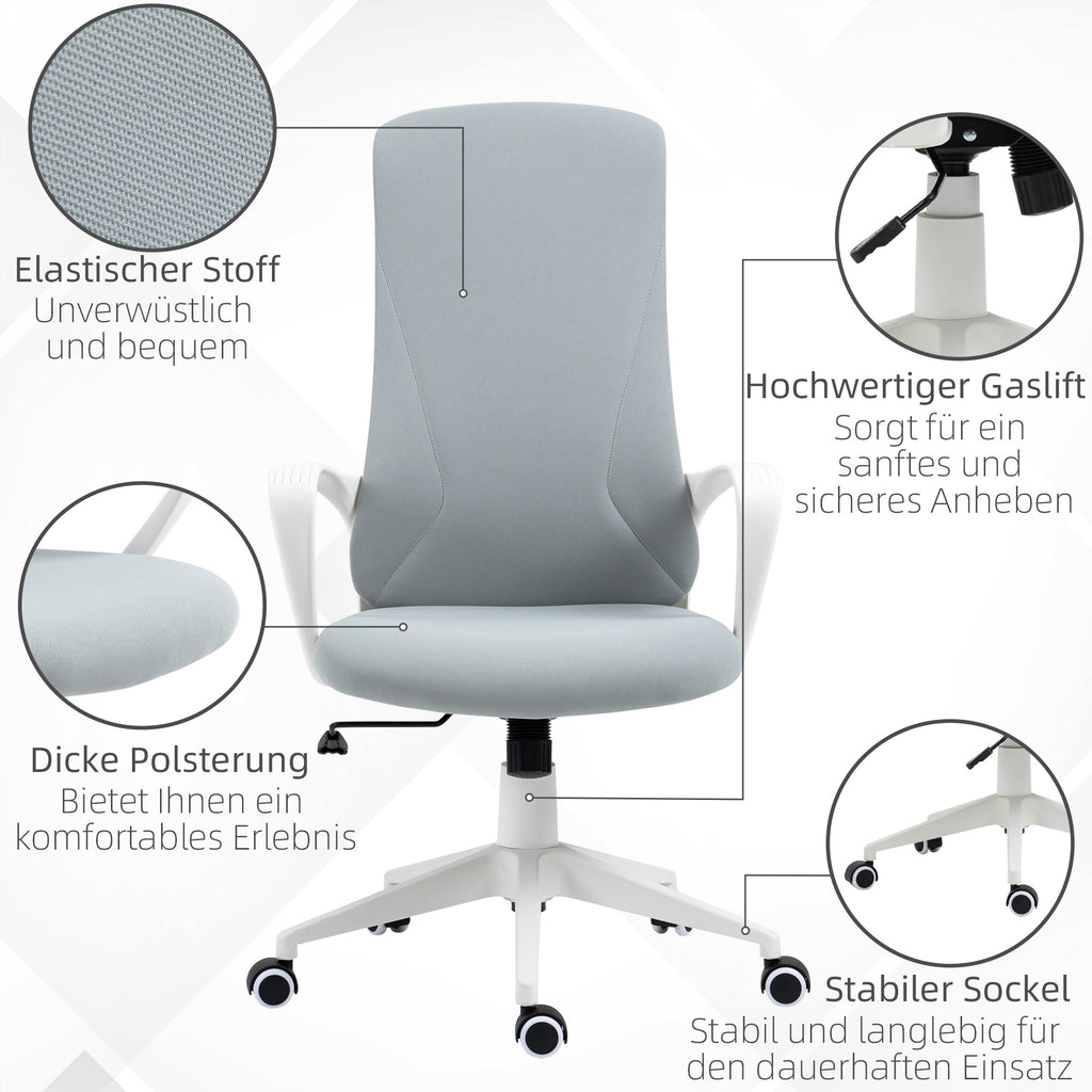 Vinsetto Bürostuhl mit Wippfunktion, Höhenverstellbar, bis 120 kg, Ergonomisch, Drehbar, 62x56x110-119,5cm, Hellgrau