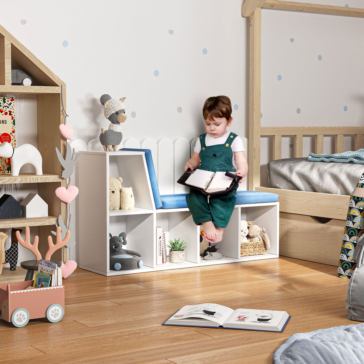 HOMCOM Bibliotheksbank 2 in 1 mit 5 Aufbewahrungsfächern und 2 Polstern 108 x 30 x 60 cm Weiß Blau