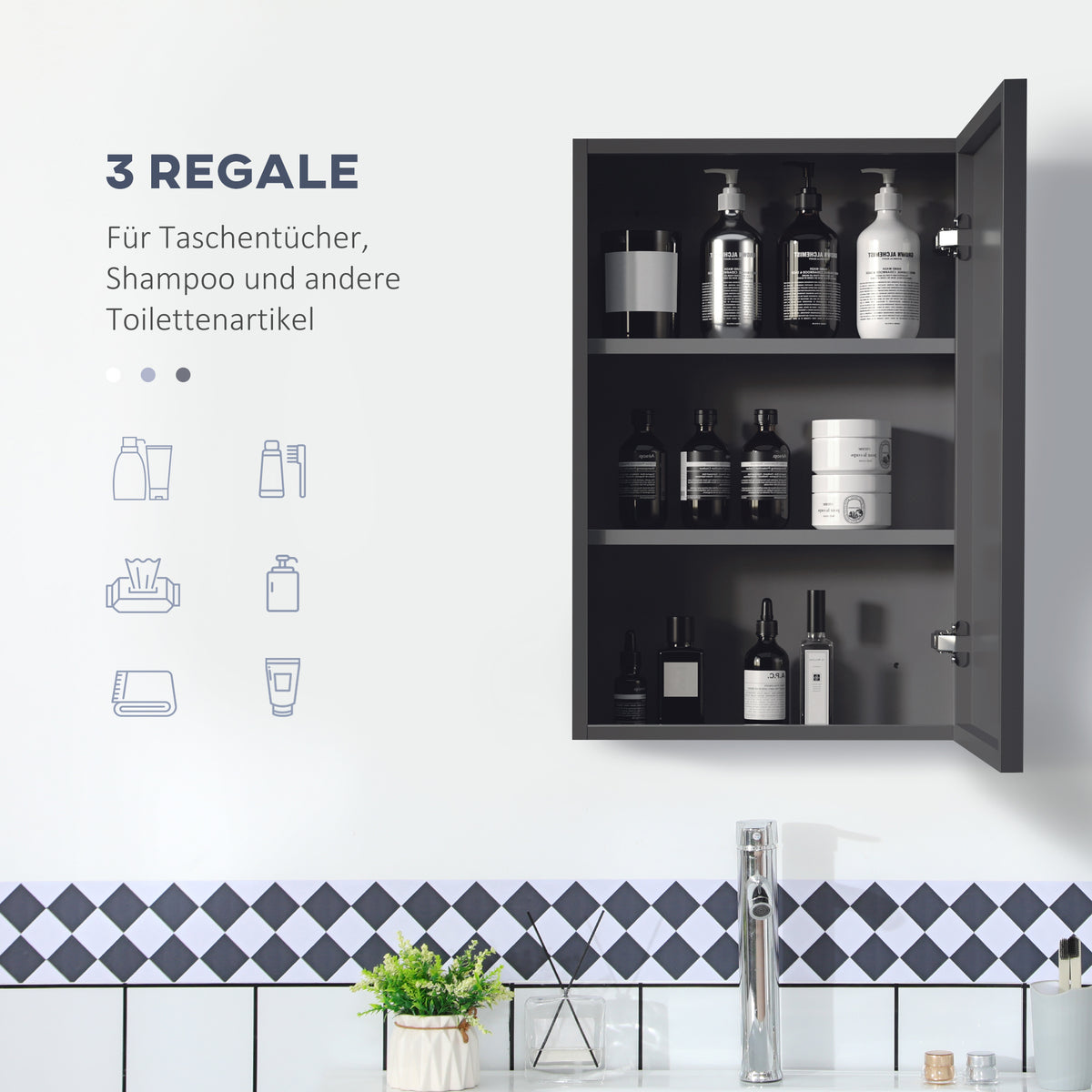 kleankin Spiegelschrank, 3 Regalfächer, weiche Scharniere, Stahlgehäuse, schwarz, 40 x 15 x 60 cm